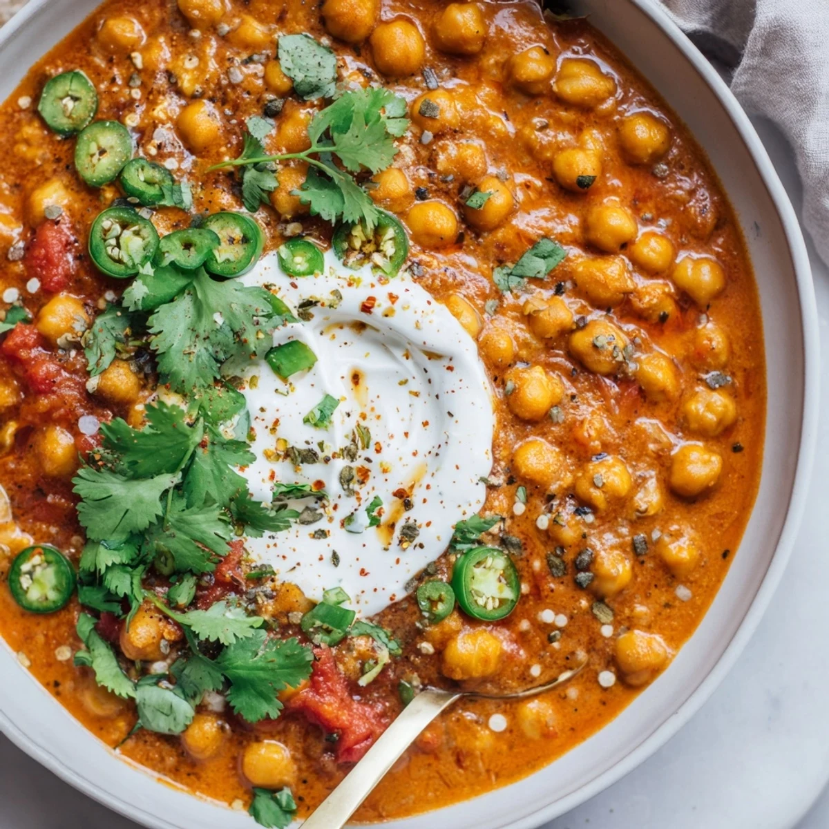 Velvety Greek Yogurt Chickpea Curry steaming over basmati rice, garnished with cilantro.