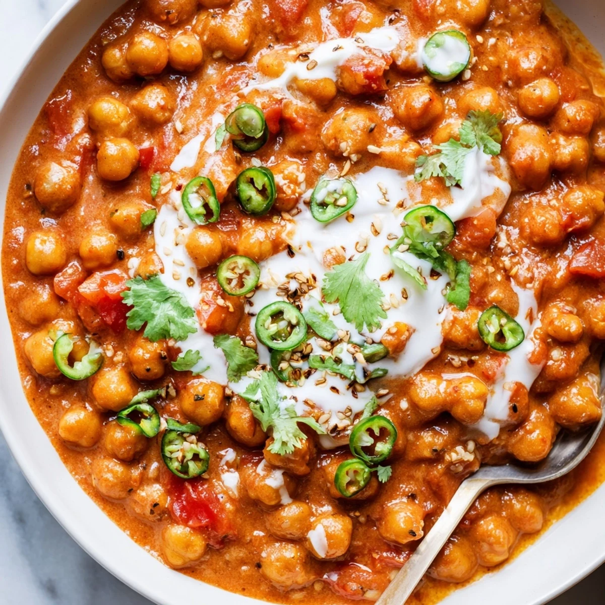 Stovetop pan of Greek Yogurt Chickpea Curry bubbling with warm spices.