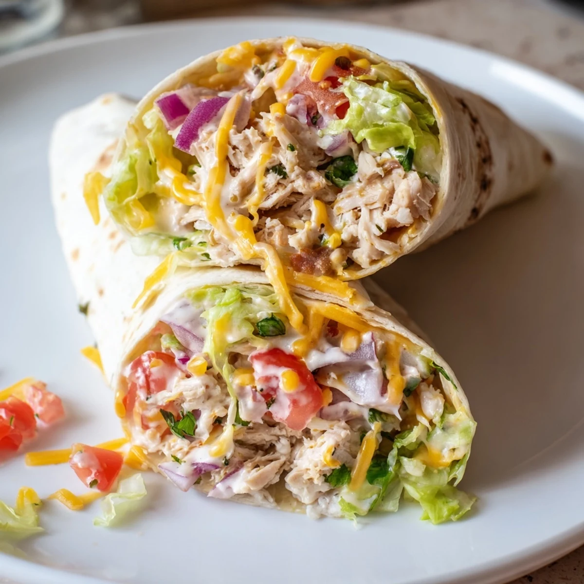 Cheesy Garlic Chicken Wraps with melted cheddar, warm tortilla and crisp lettuce