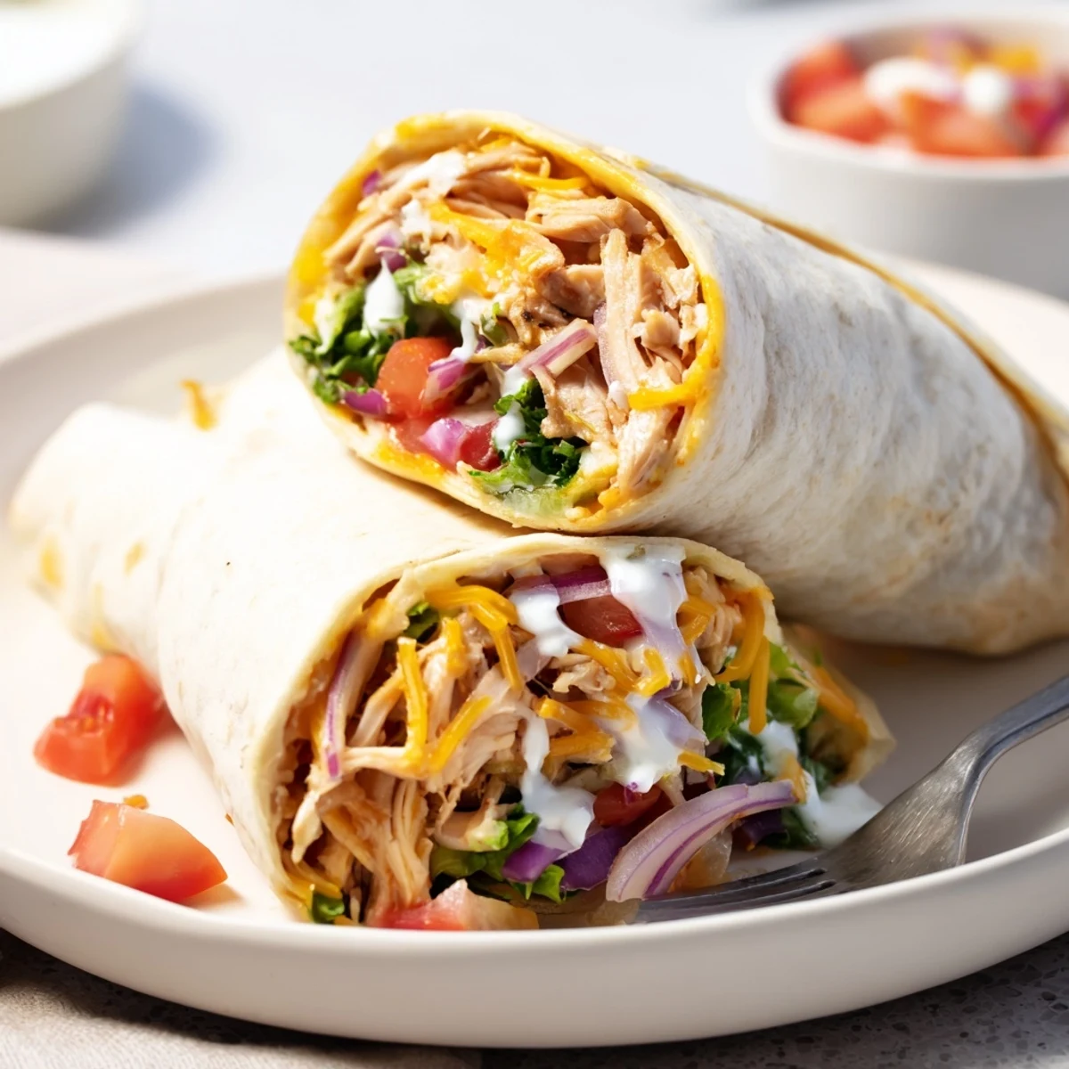 Warm Cheesy Garlic Chicken Wraps sliced in half, oozing cheese, fresh herbs