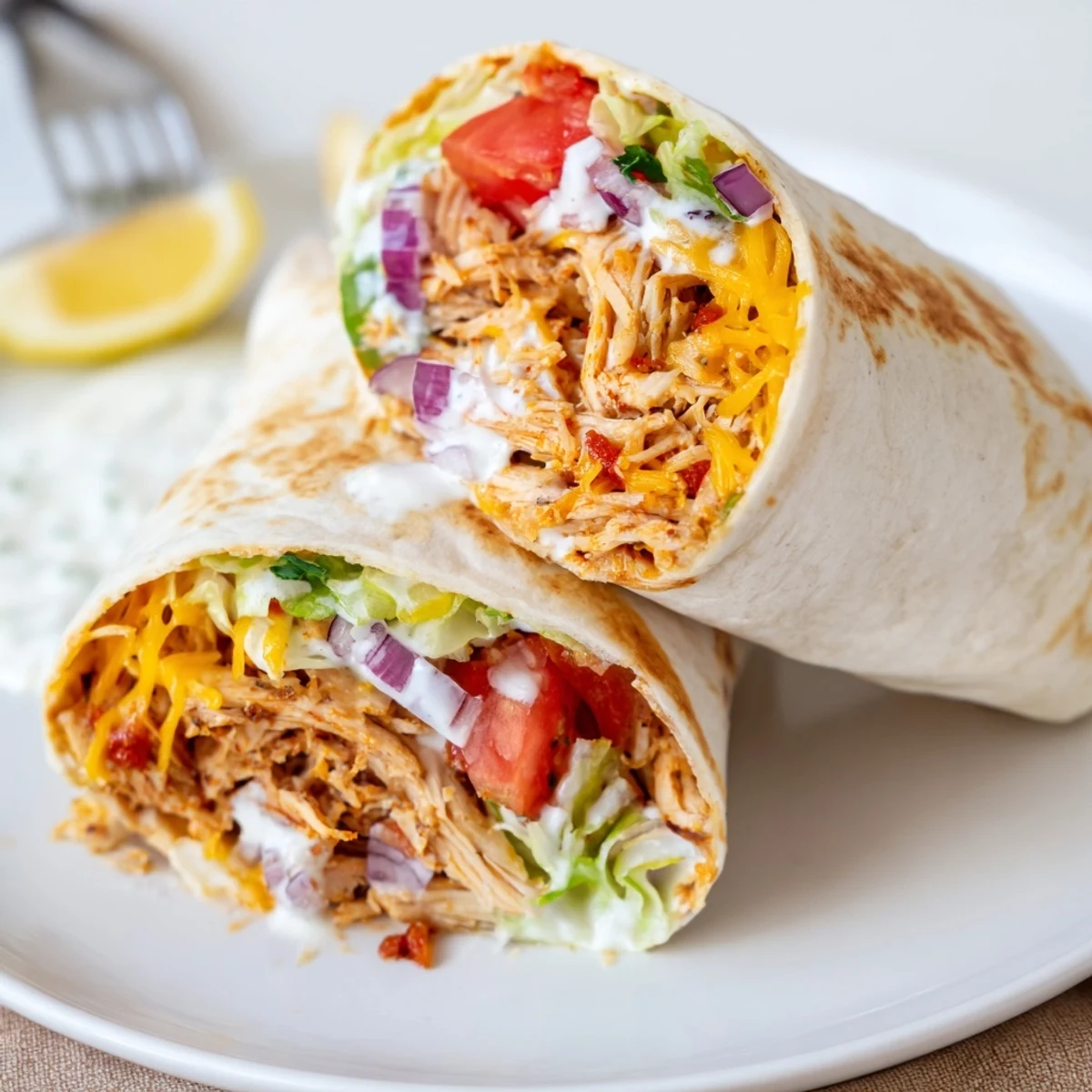 Pan-seared Cheesy Garlic Chicken Wraps served with tangy yogurt sauce and tomatoes