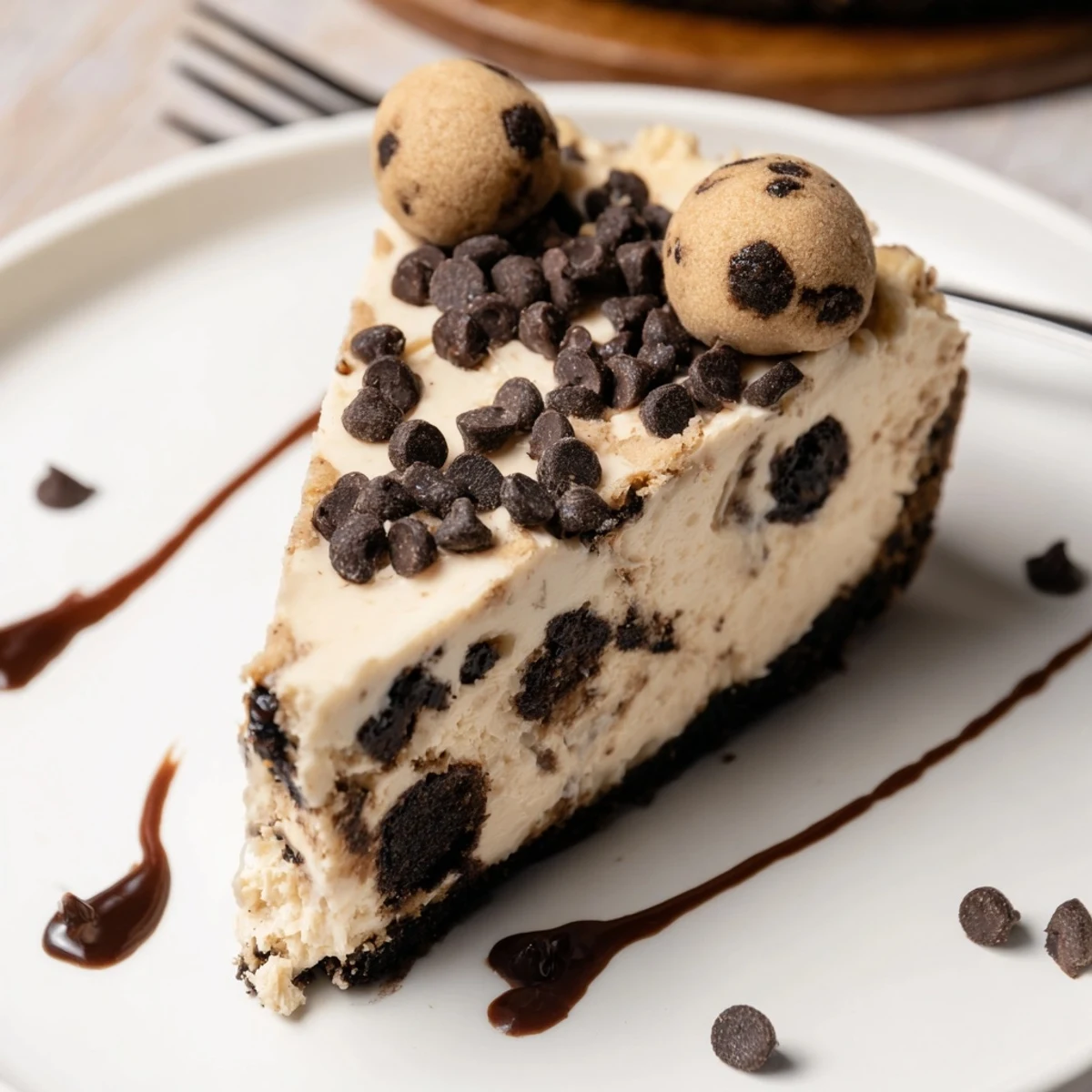 Creamy Chocolate Chip Cookie Dough Cheesecake with gooey dough pockets and chocolate crust