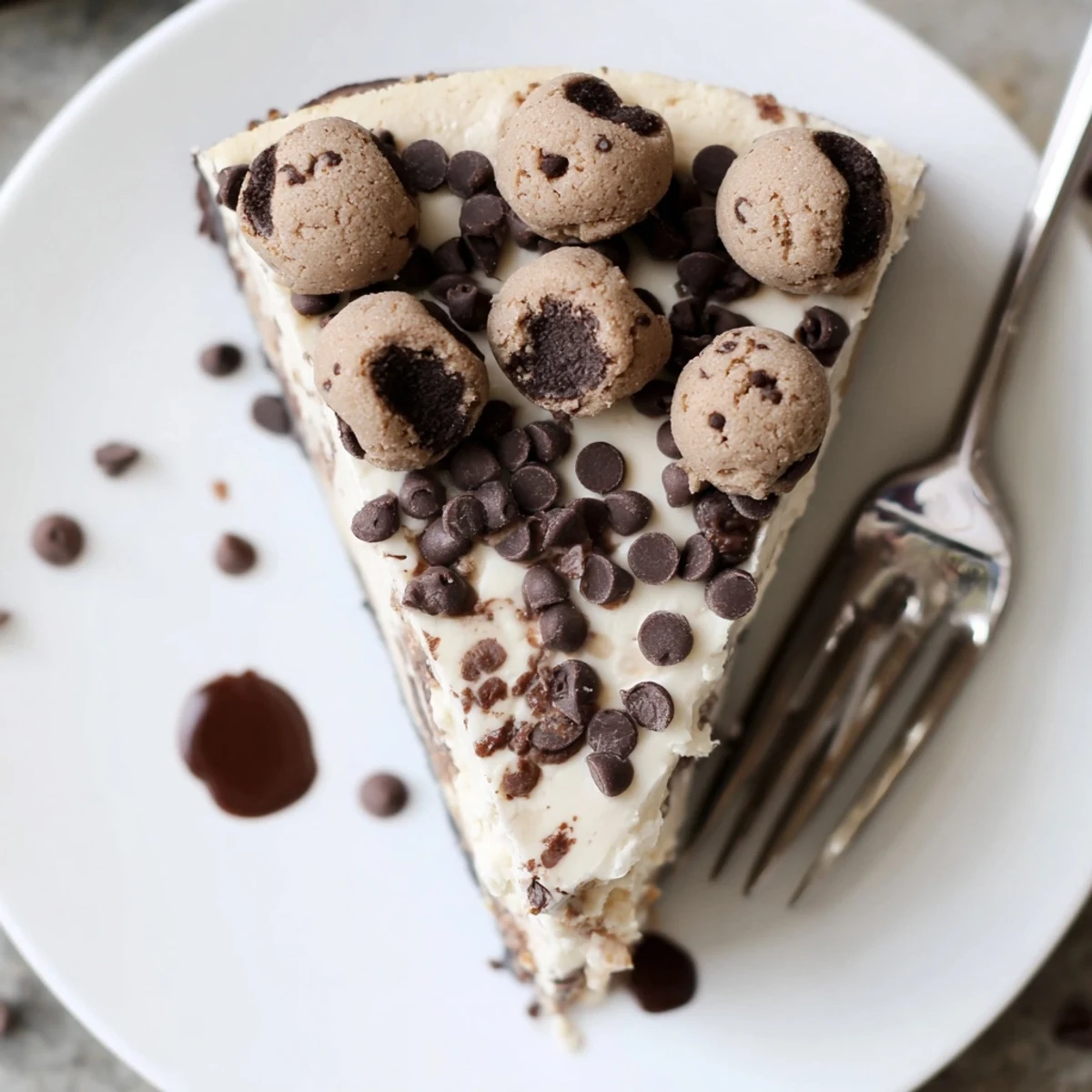 Chilled Chocolate Chip Cookie Dough Cheesecake sliced on plate, sprinkled with mini chips