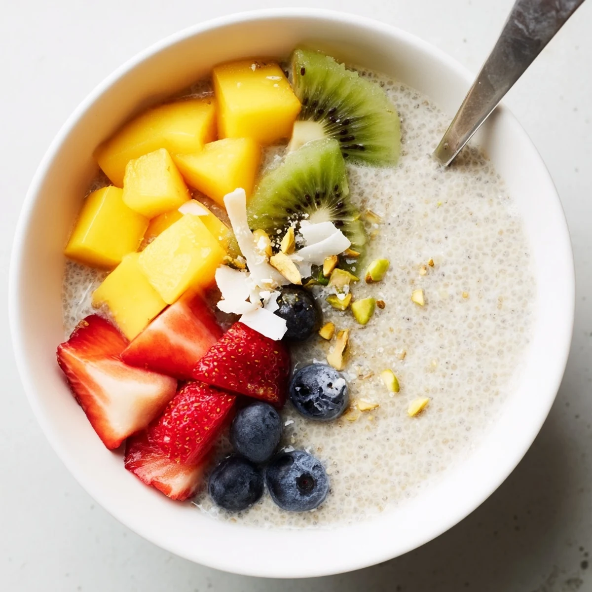 Creamy Coconut Chia Pudding topped with mango slices and toasted coconut flakes