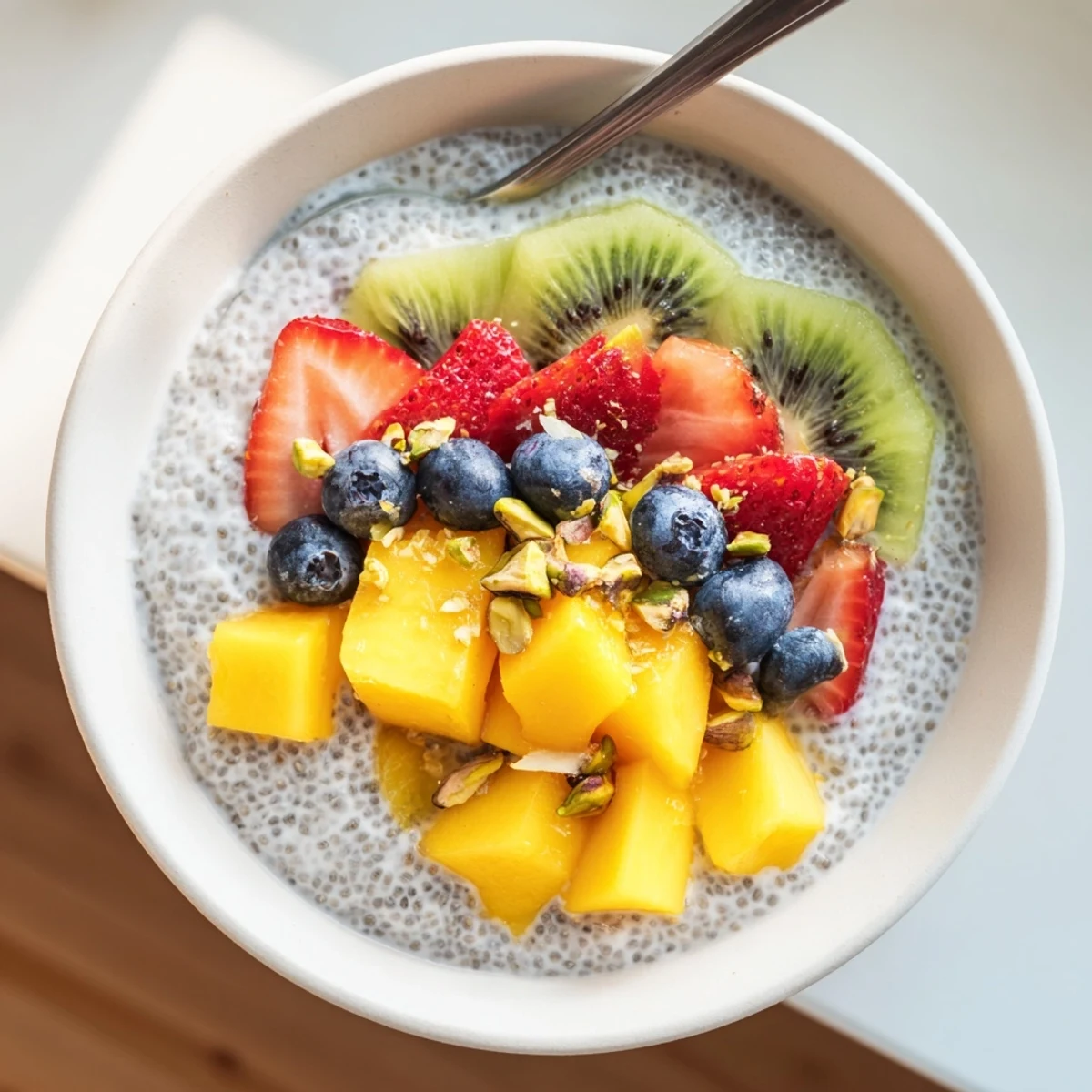 Velvety Coconut Chia Pudding served for breakfast with kiwi and crunchy almonds
