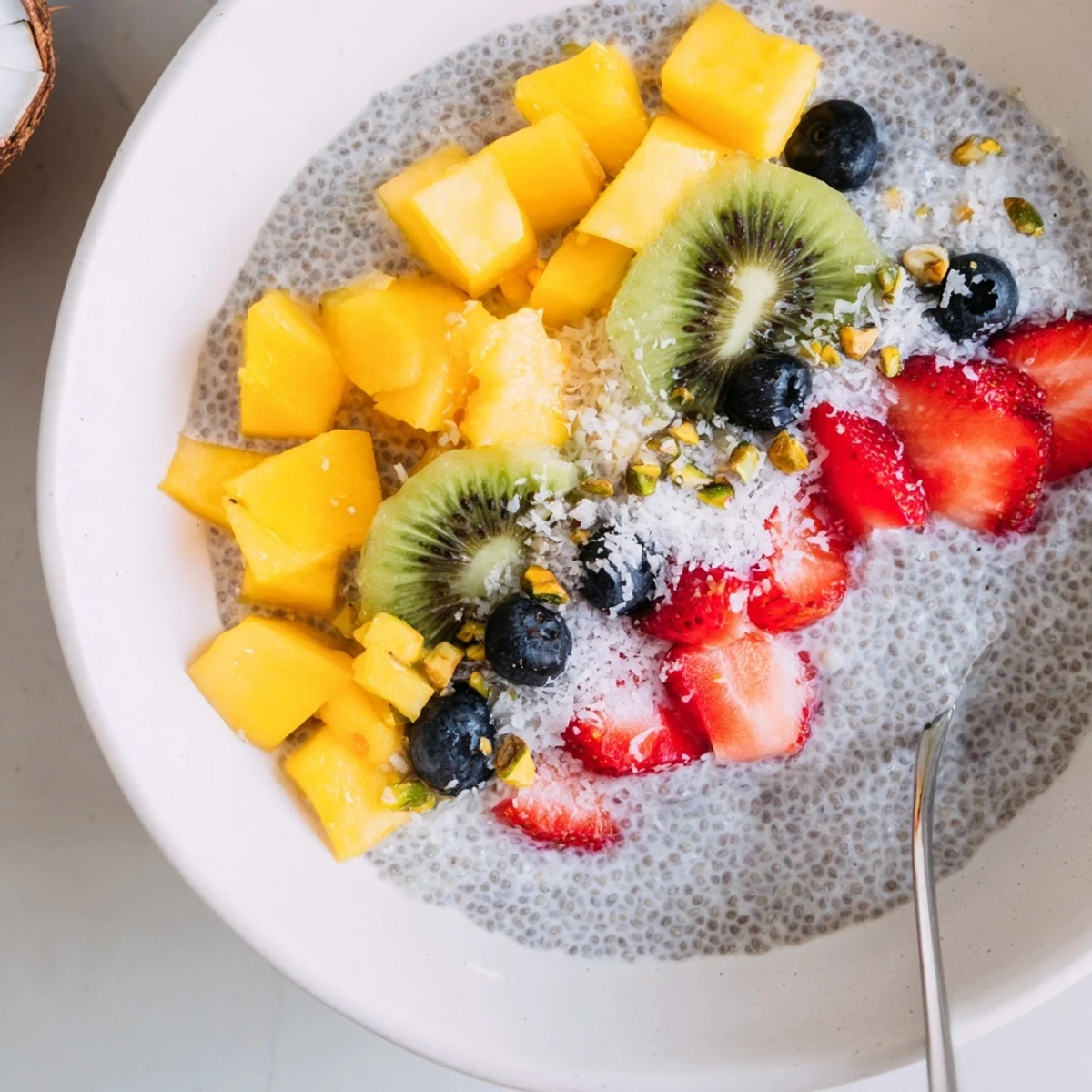 Chilled Coconut Chia Pudding in a glass jar garnished with berries and nuts