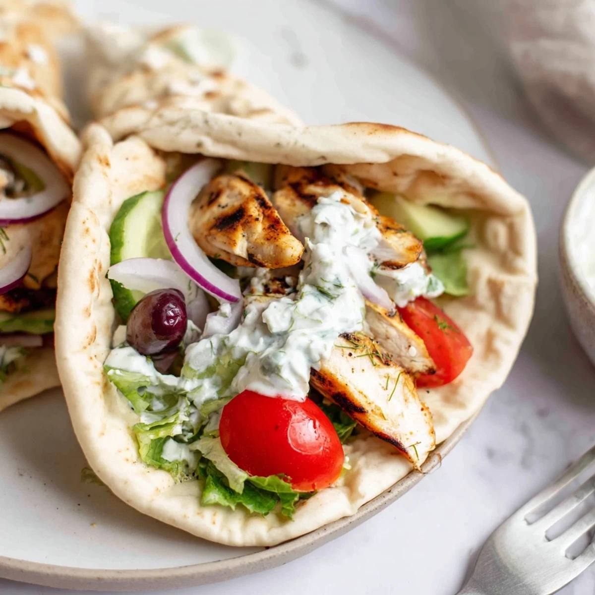 Mediterranean Chicken Pita Wraps with charred grilled chicken, crisp tomatoes, creamy yogurt drizzle