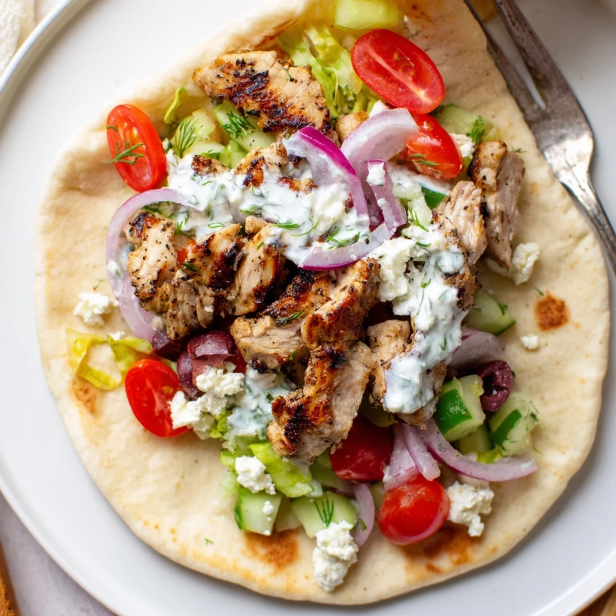 Warm Mediterranean Chicken Pita Wraps stuffed with crunchy cucumber, Kalamata olives, tangy feta