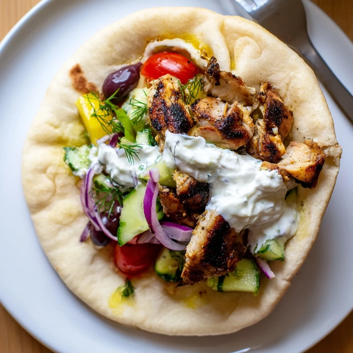Handheld Mediterranean Chicken Pita Wraps served immediately with herby yogurt sauce and fresh greens