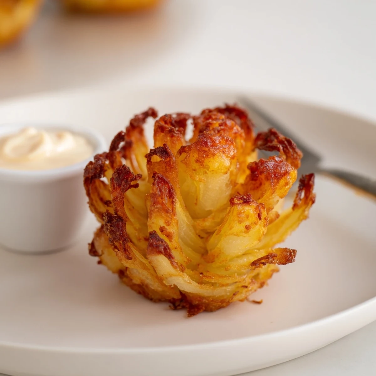 Crispy Mini Bloomin Onions golden and crunchy, steaming beside creamy horseradish dip