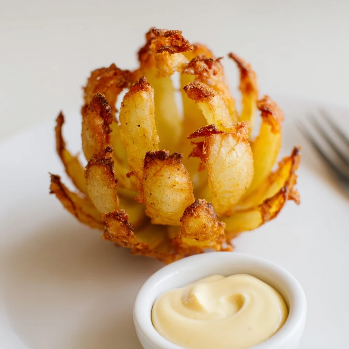 Crispy Mini Bloomin Onions freshly fried, petals separated, served warm with sauce