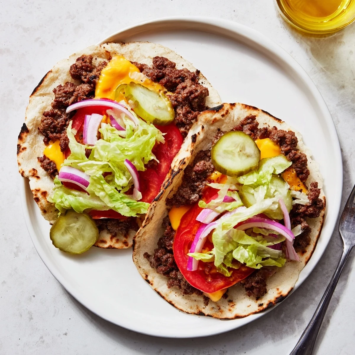 Smash Burger Tacos piled with melted cheddar, crispy edges, fresh tomato