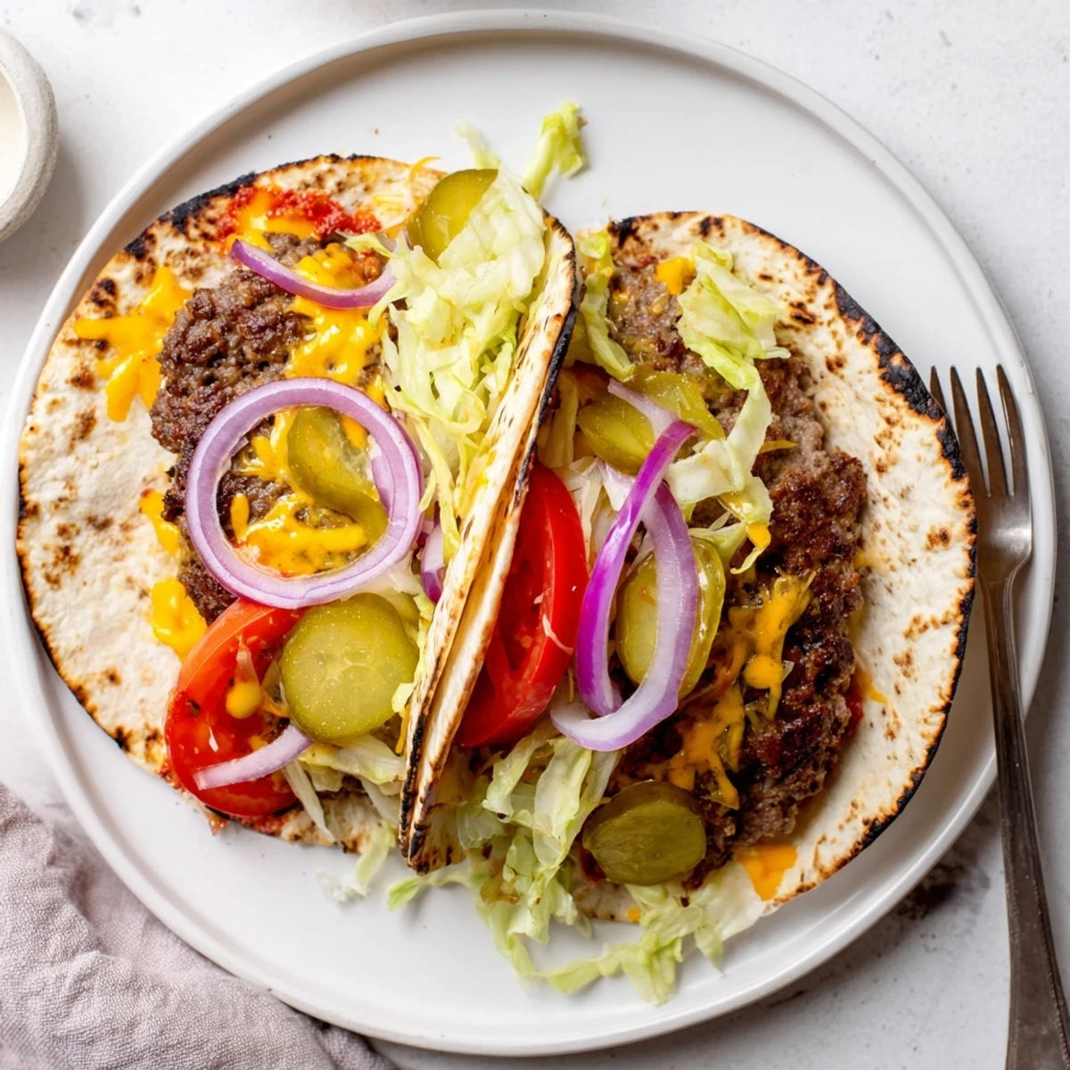 Sizzling, juicy Smash Burger Tacos on a griddle, drizzled with burger sauce