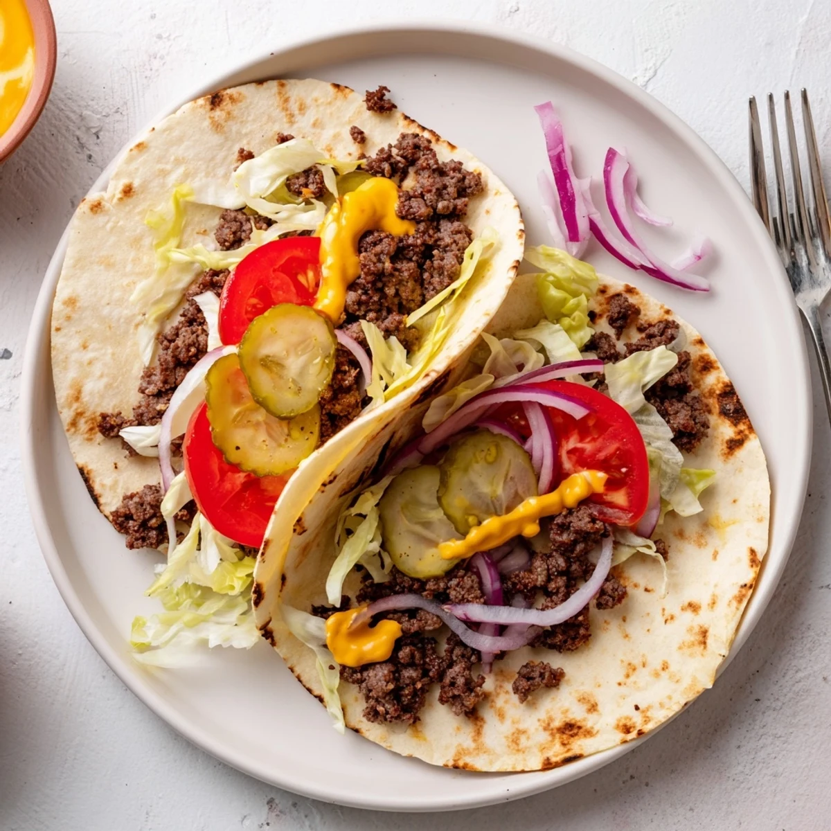 Family-style Smash Burger Tacos folded warm, butter-toasted tortillas, shredded lettuce