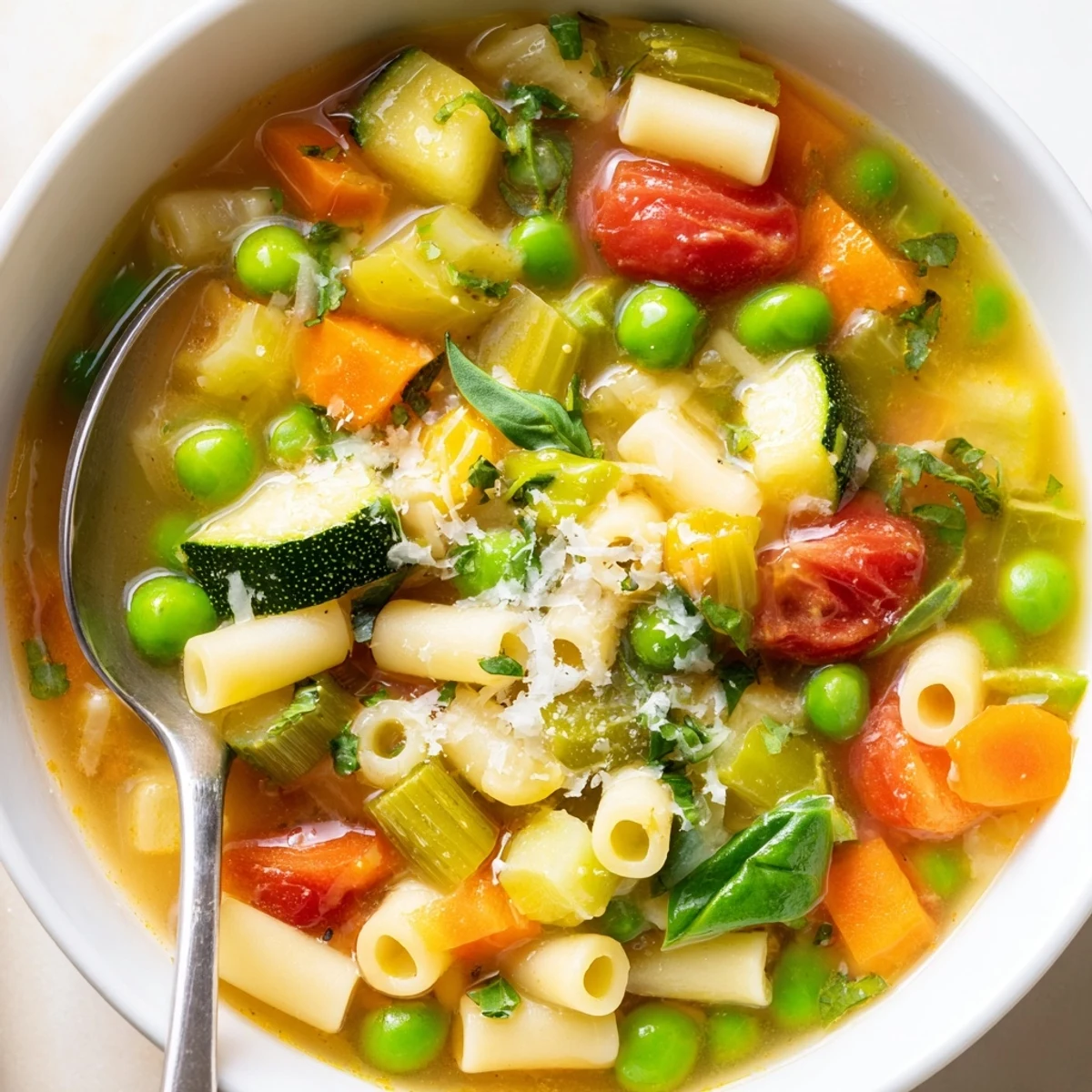 Spring Minestrone Soup Recipe steaming in bowl, vibrant vegetables and basil