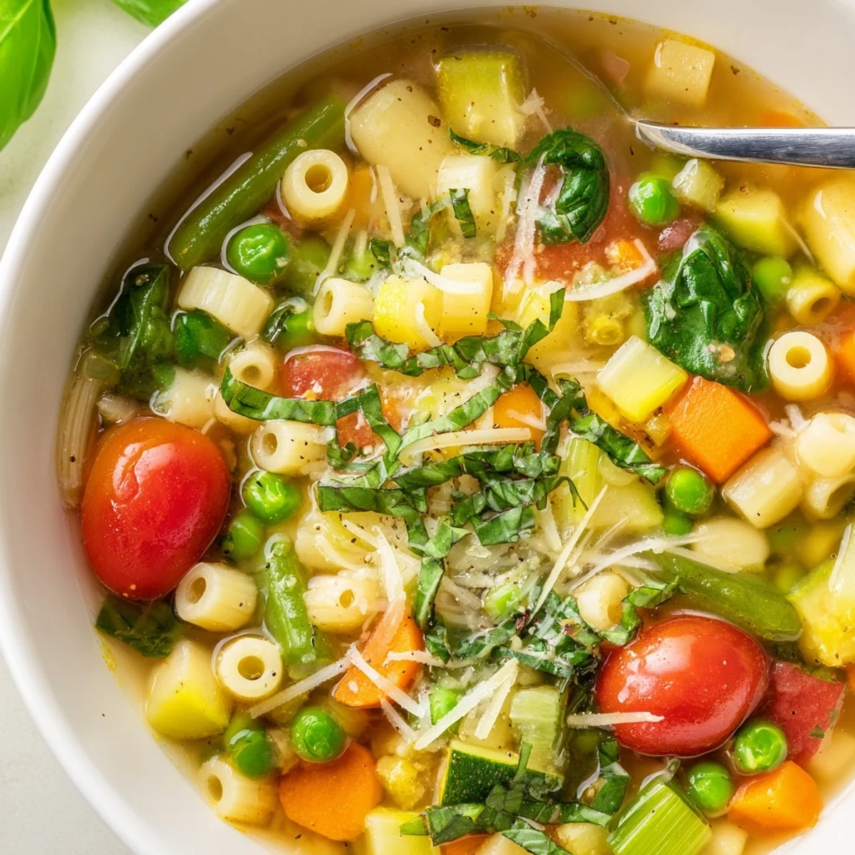 Warm Spring Minestrone Soup Recipe with tender pasta, bright cherry tomatoes