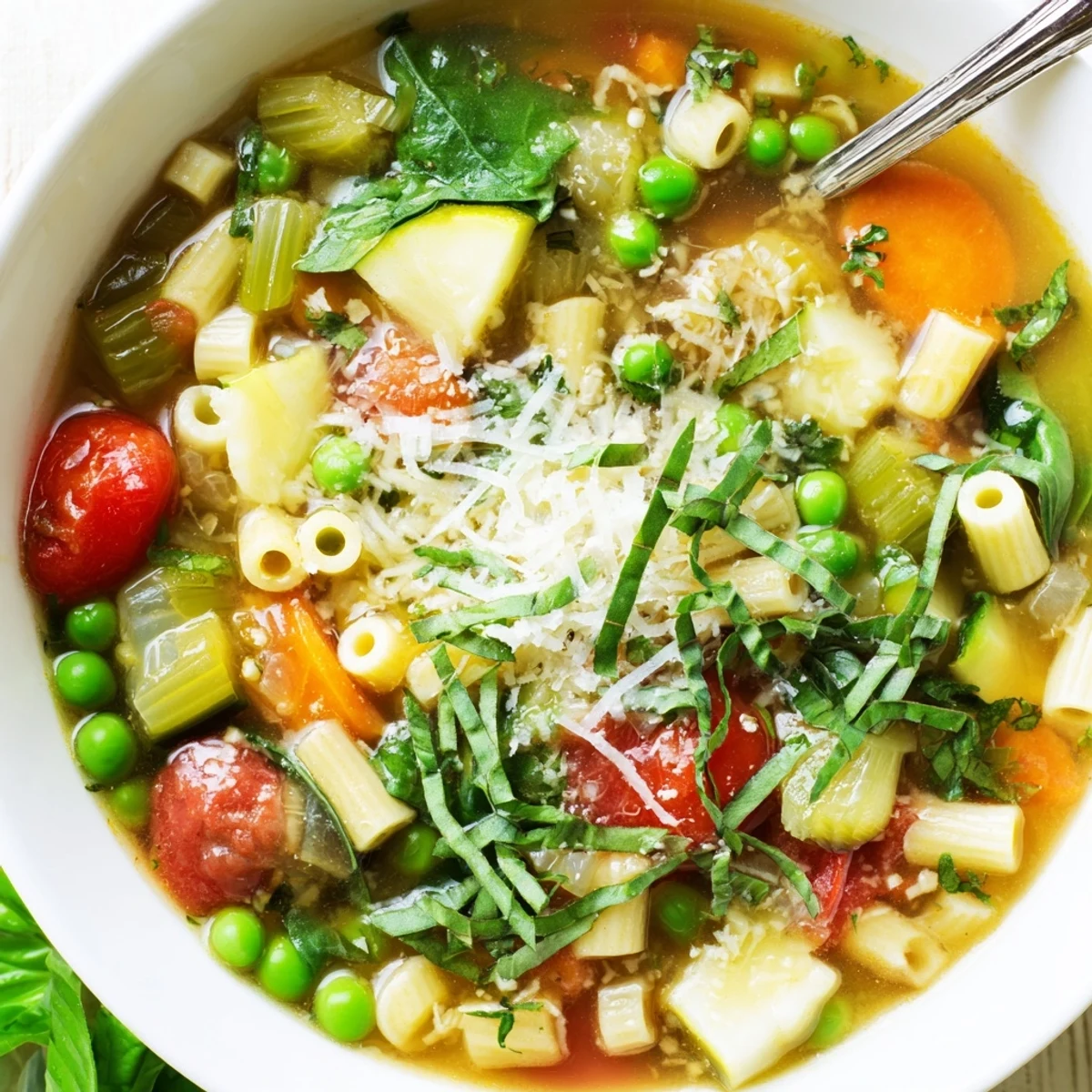Hearty Spring Minestrone Soup Recipe ladled with Parmesan, crusty bread beside
