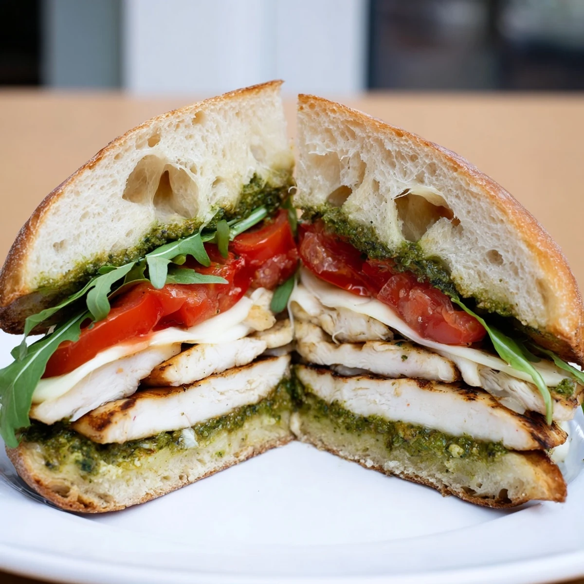 Warm Chicken Pesto Sandwich Recipe served on toasted ciabatta with juicy tomato slices