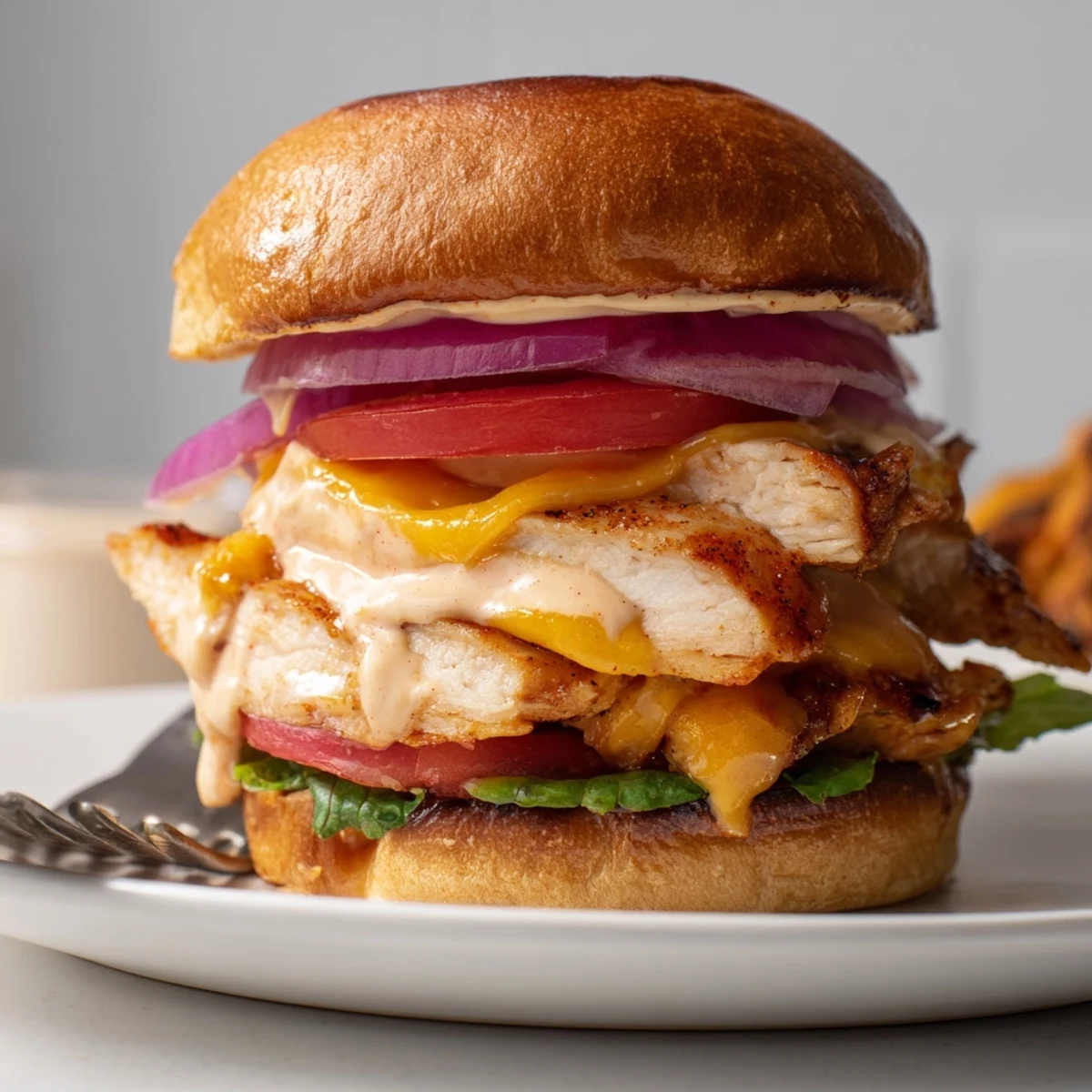 Spicy Chicken Sandwich With Creamy Sauce on toasted bun, juicy chicken visible