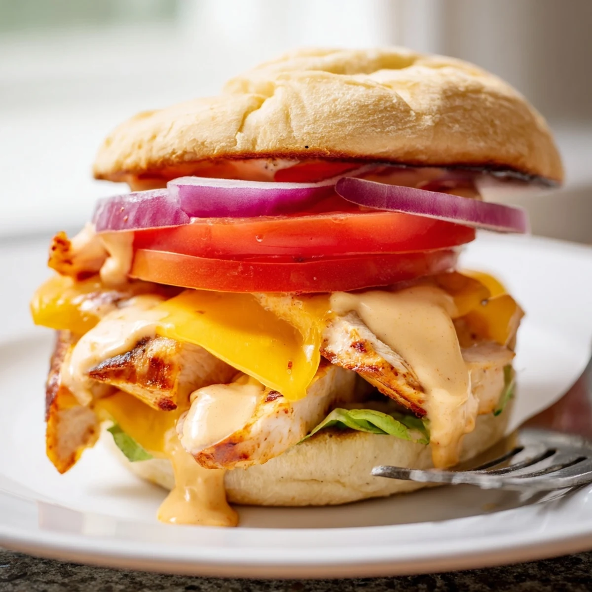 Grilled Spicy Chicken Sandwich With Creamy Sauce, crisp lettuce and ripe tomato