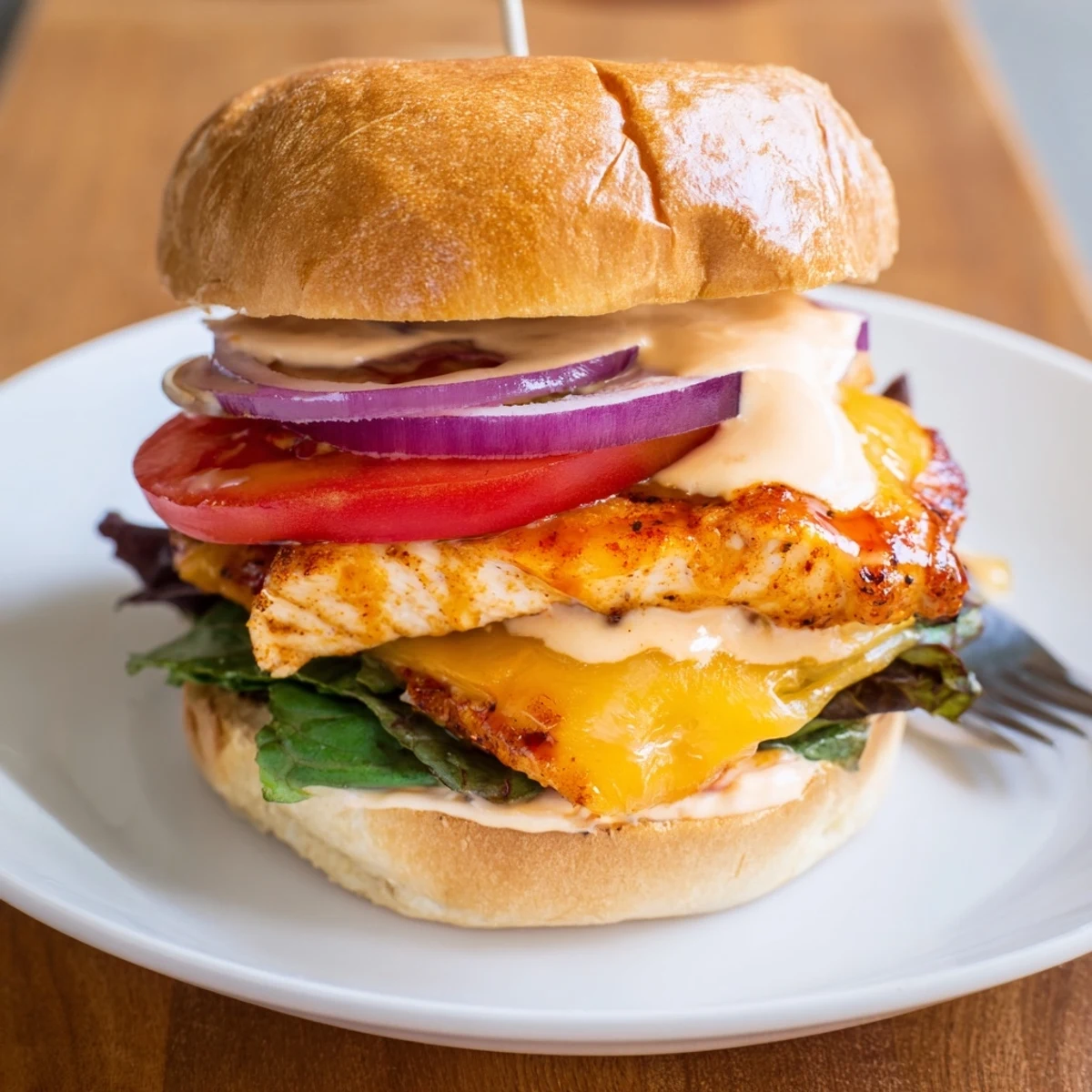 Spicy Chicken Sandwich With Creamy Sauce served hot, paired with sweet potato fries