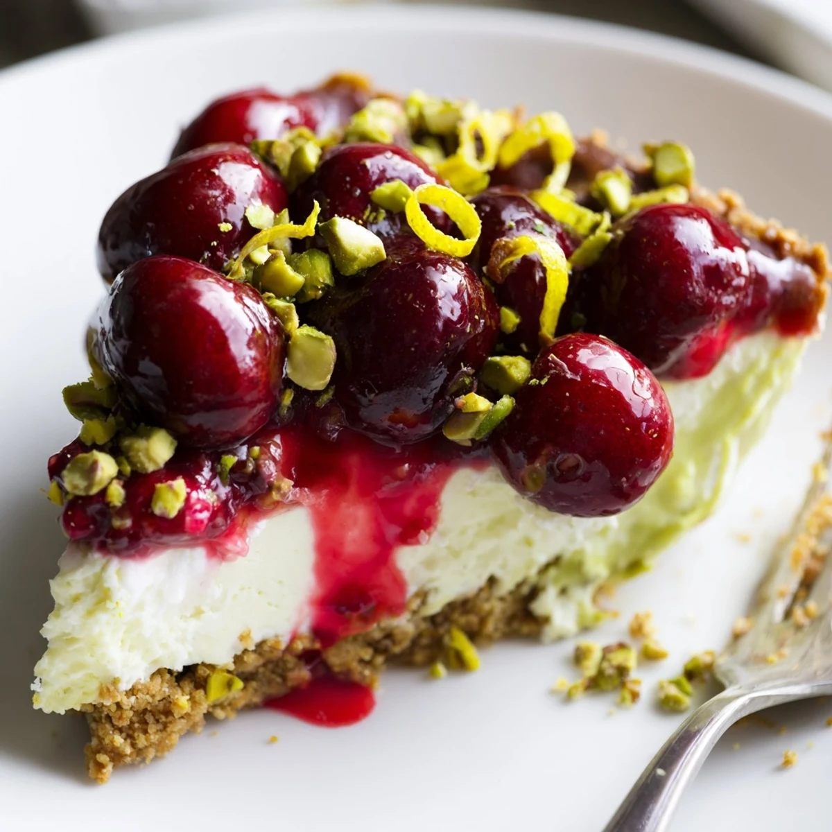 Lemon Lime Cherry Pistachio Cheesecake with glossy cherry topping and chopped pistachios
