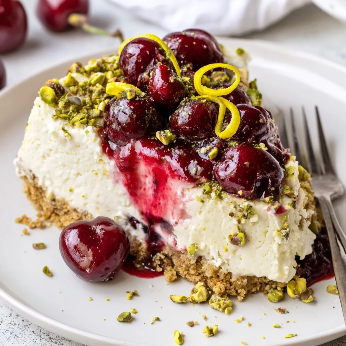 Creamy Lemon Lime Cherry Pistachio Cheesecake filling zested, nutty crunch, bright tart cherries