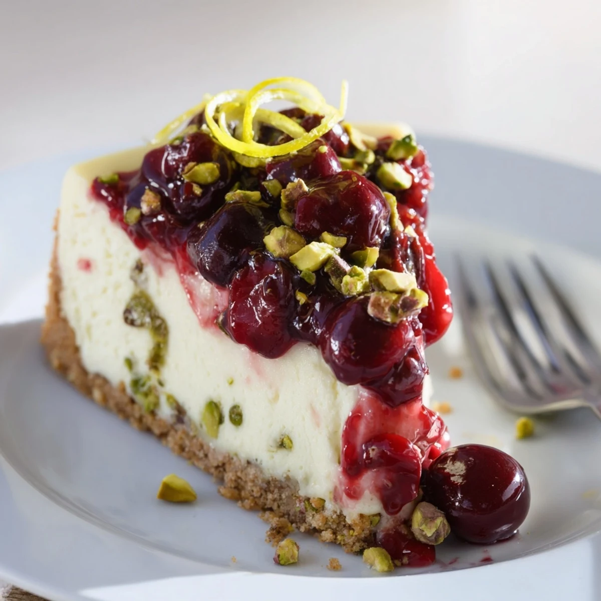 Slice of Lemon Lime Cherry Pistachio Cheesecake chilled on plate with sparkling wine