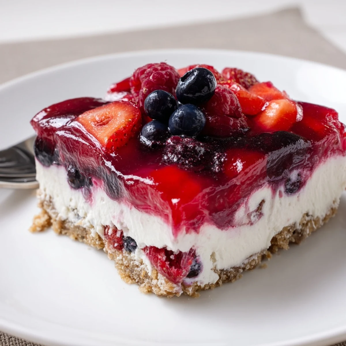 No-bake Summer Berry Jello Lasagna layered over graham crust, ideal for picnics