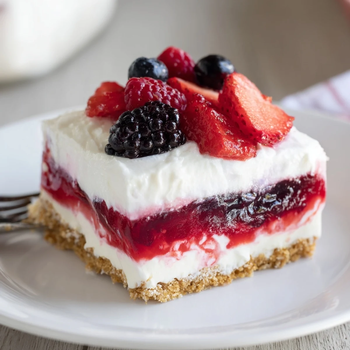 Creamy Summer Berry Jello Lasagna with bright berries, chilled for summer celebrations