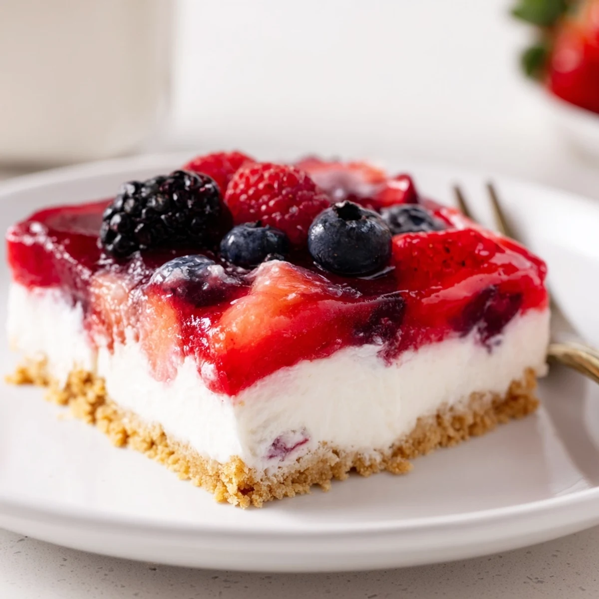 Silky cream cheese Summer Berry Jello Lasagna topped with whipped cream, fresh berries