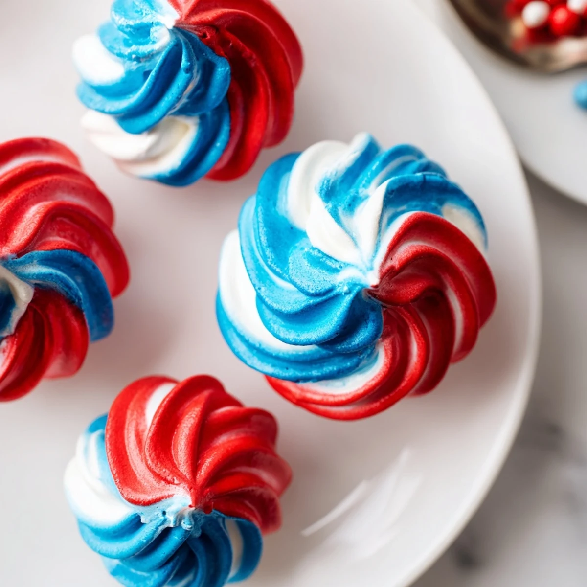 A baking sheet of airy, piped Patriotic Meringue Kisses cooling in oven