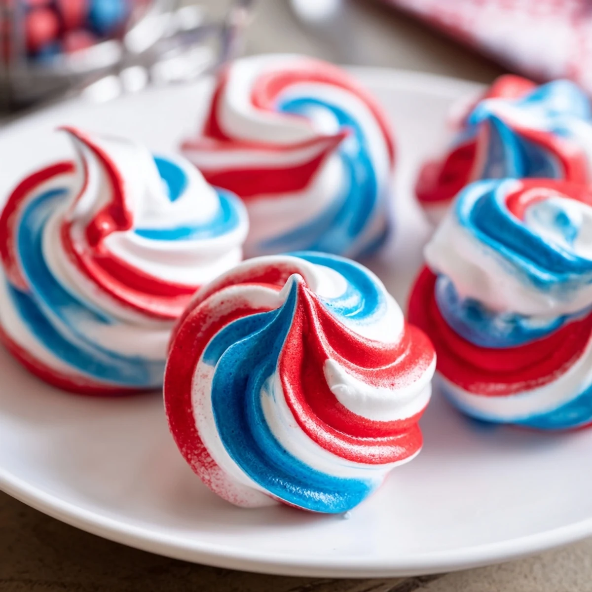 Sweet Patriotic Meringue Kisses served as colorful party favors for summer gatherings