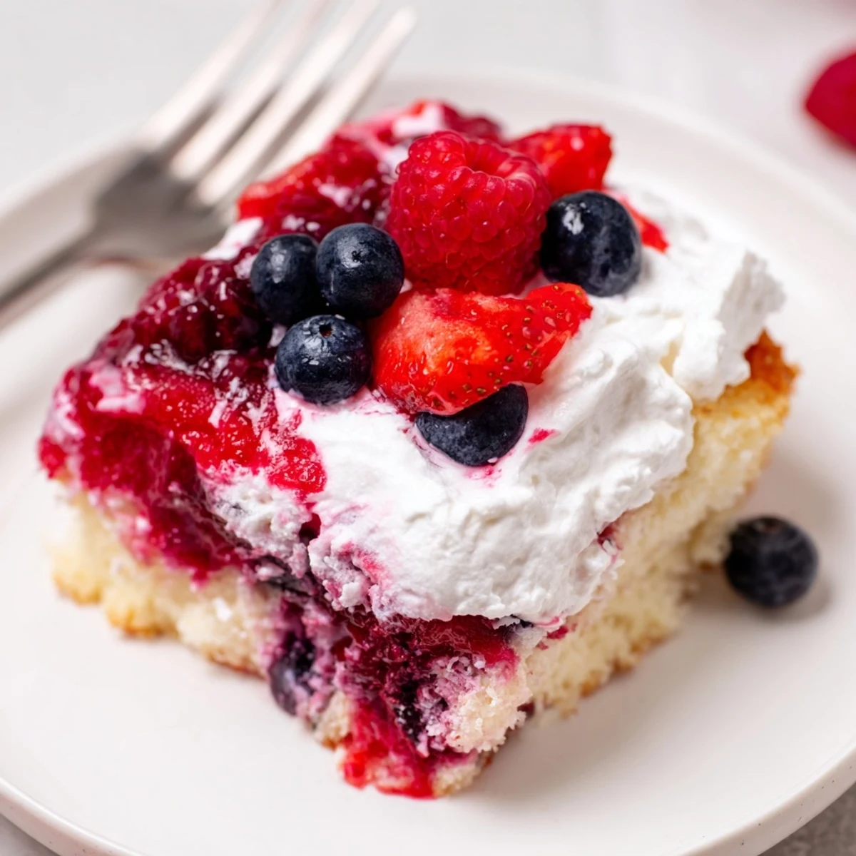 Summer Berry Poke Cake with fluffy whipped topping and glistening berry syrup