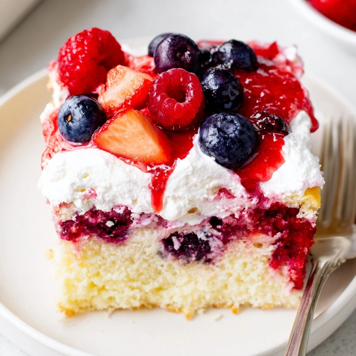 Chilled Summer Berry Poke Cake topped with fresh berries and creamy peaks