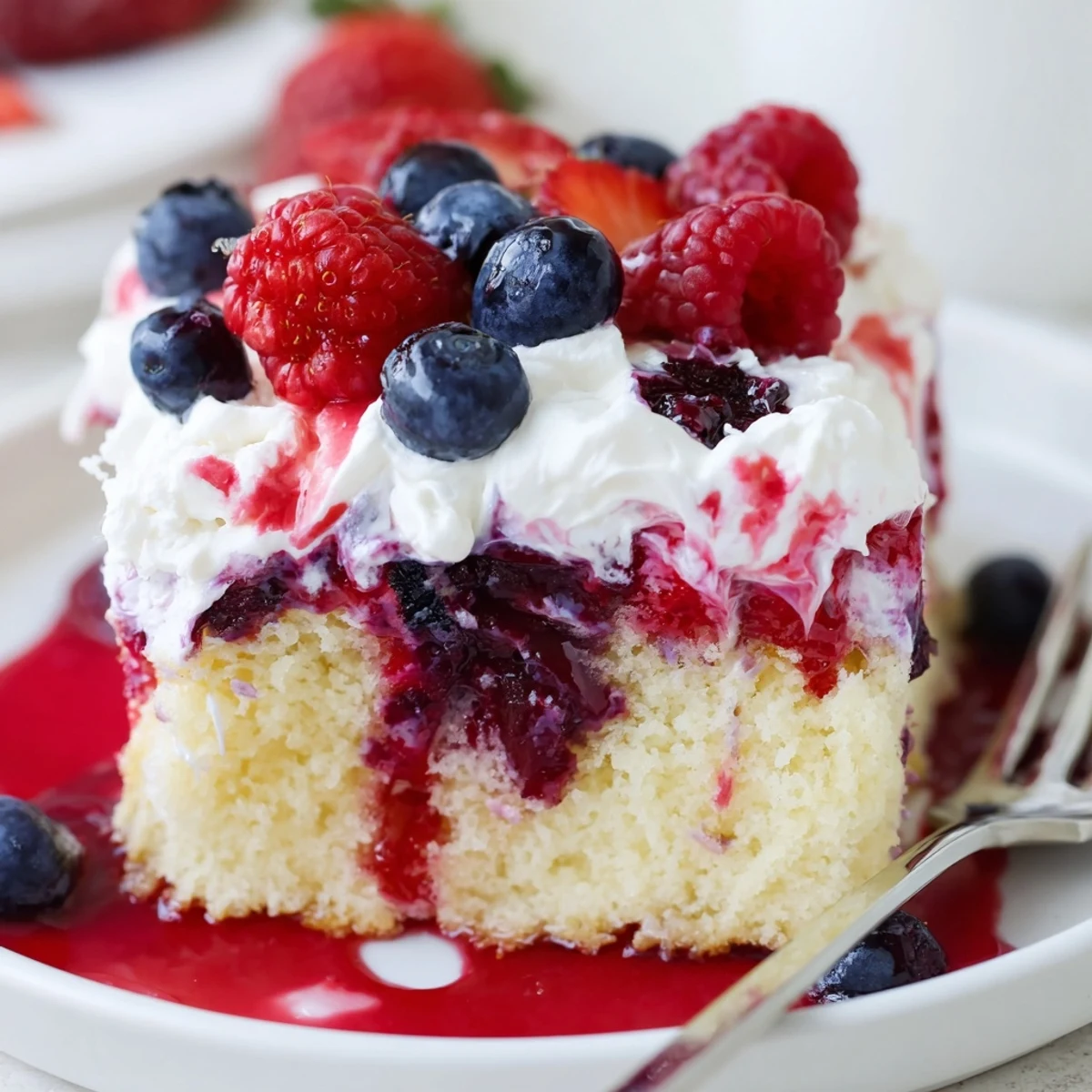Fork ready slice of Summer Berry Poke Cake showing juicy berry soaked crumbs