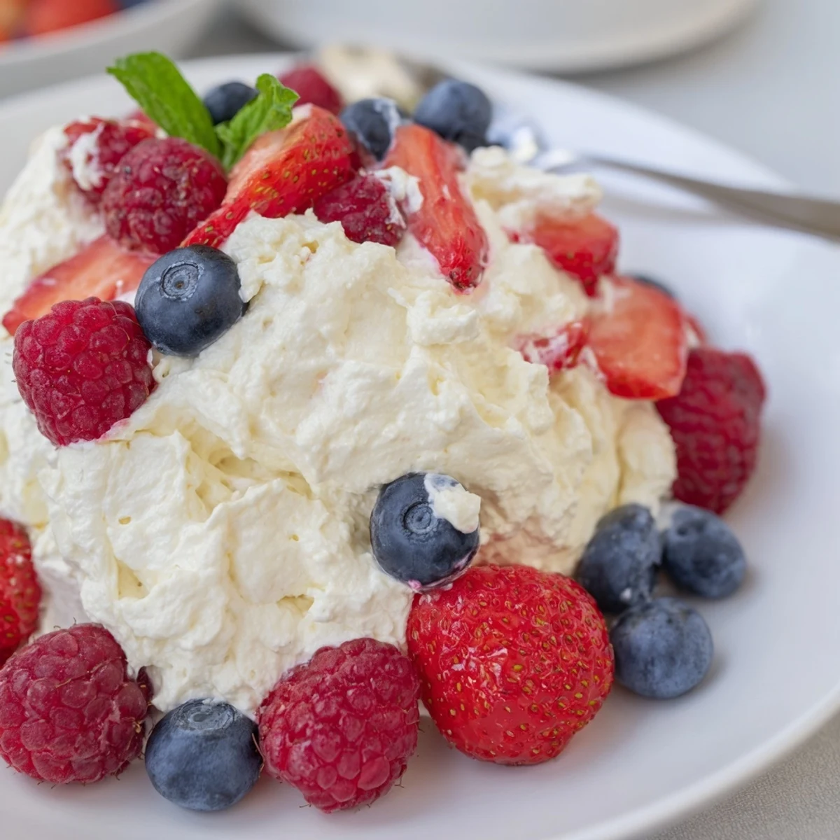 Chilled Red White Blue Cheesecake Salad garnished with mint, ideal for July picnics