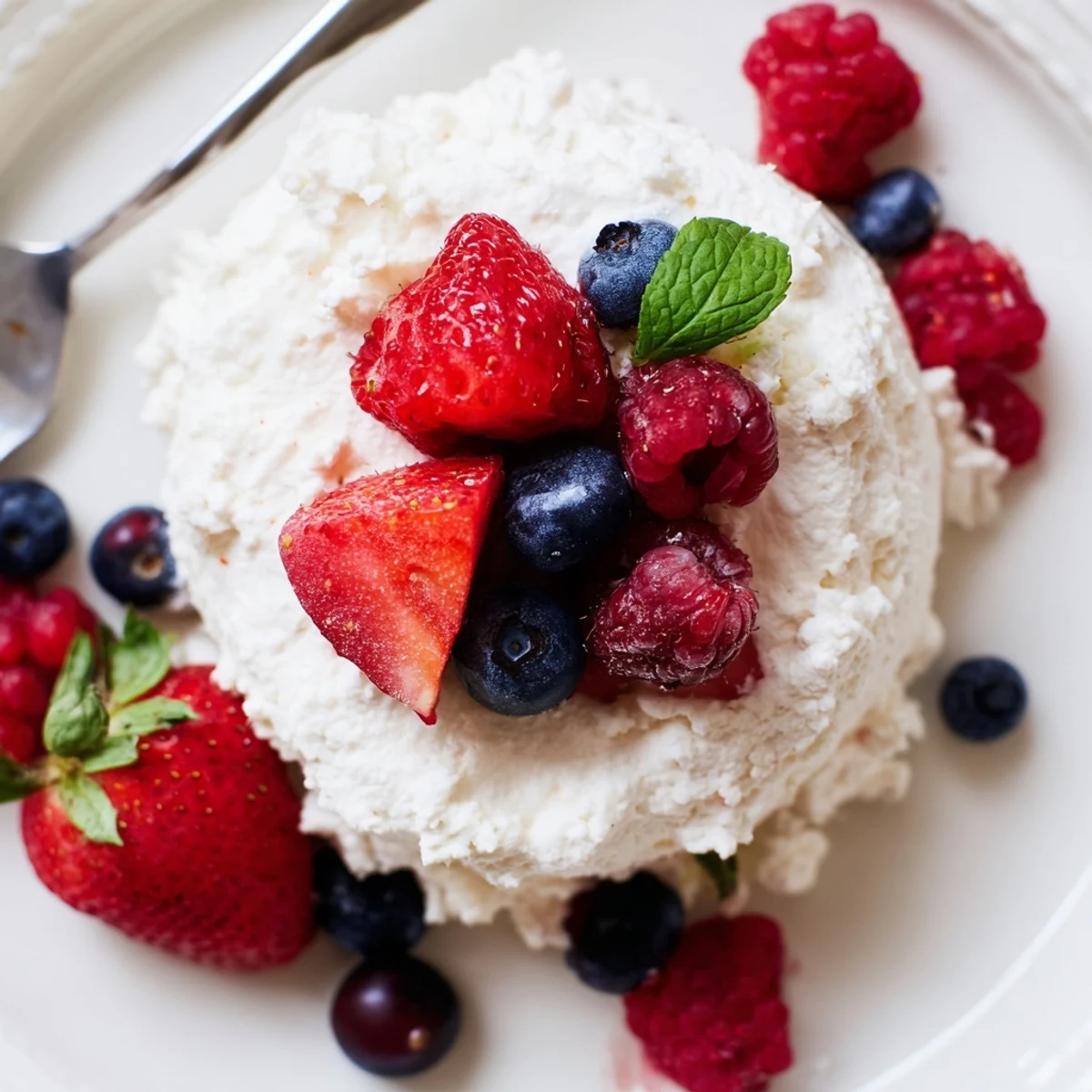 Bright Red White Blue Cheesecake Salad spoonful shows creamy tang, berry-studded freshness