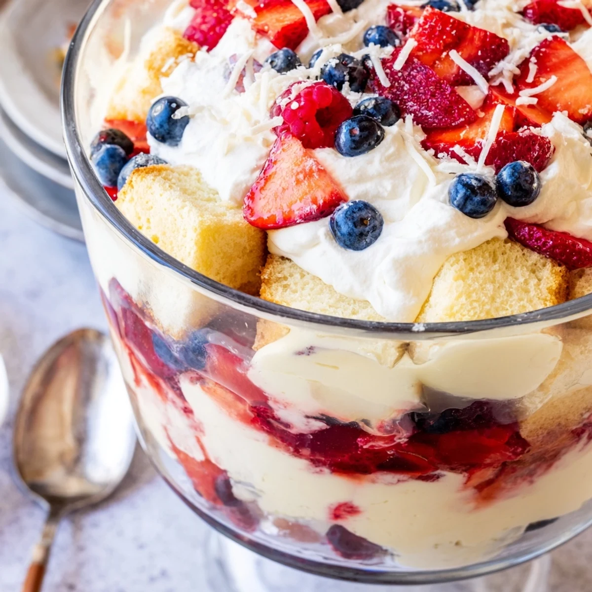 Red White and Blue Trifle with creamy vanilla pudding and fresh berries