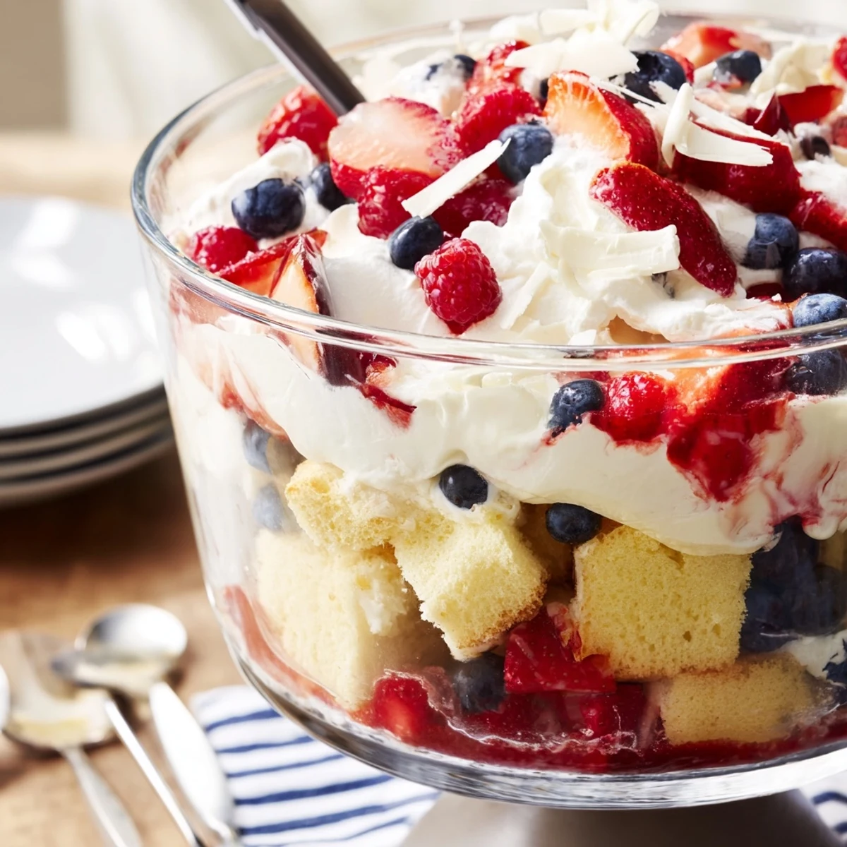 Layered Red White and Blue Trifle chilled in glass bowl, ready to serve
