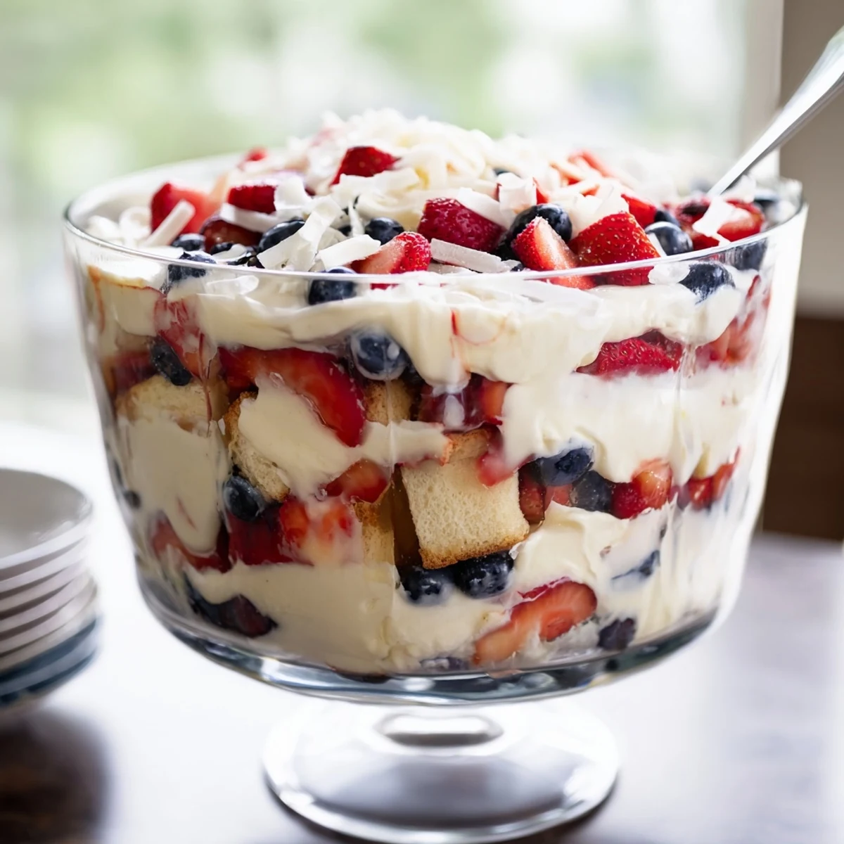 Patriotic Red White and Blue Trifle: pillowy cake, tangy berries, sweet whipped cream