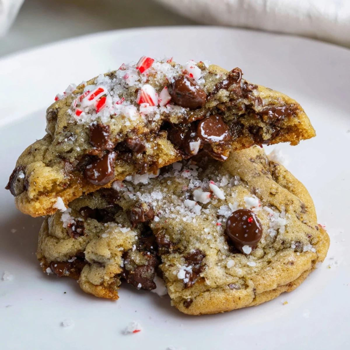 Plate of Peppermint Chocolate Chip Cookies beside a steaming glass of milk