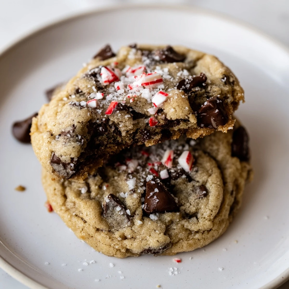 Peppermint Chocolate Chip Cookies cooling on a wire rack, cracked chocolate centers
