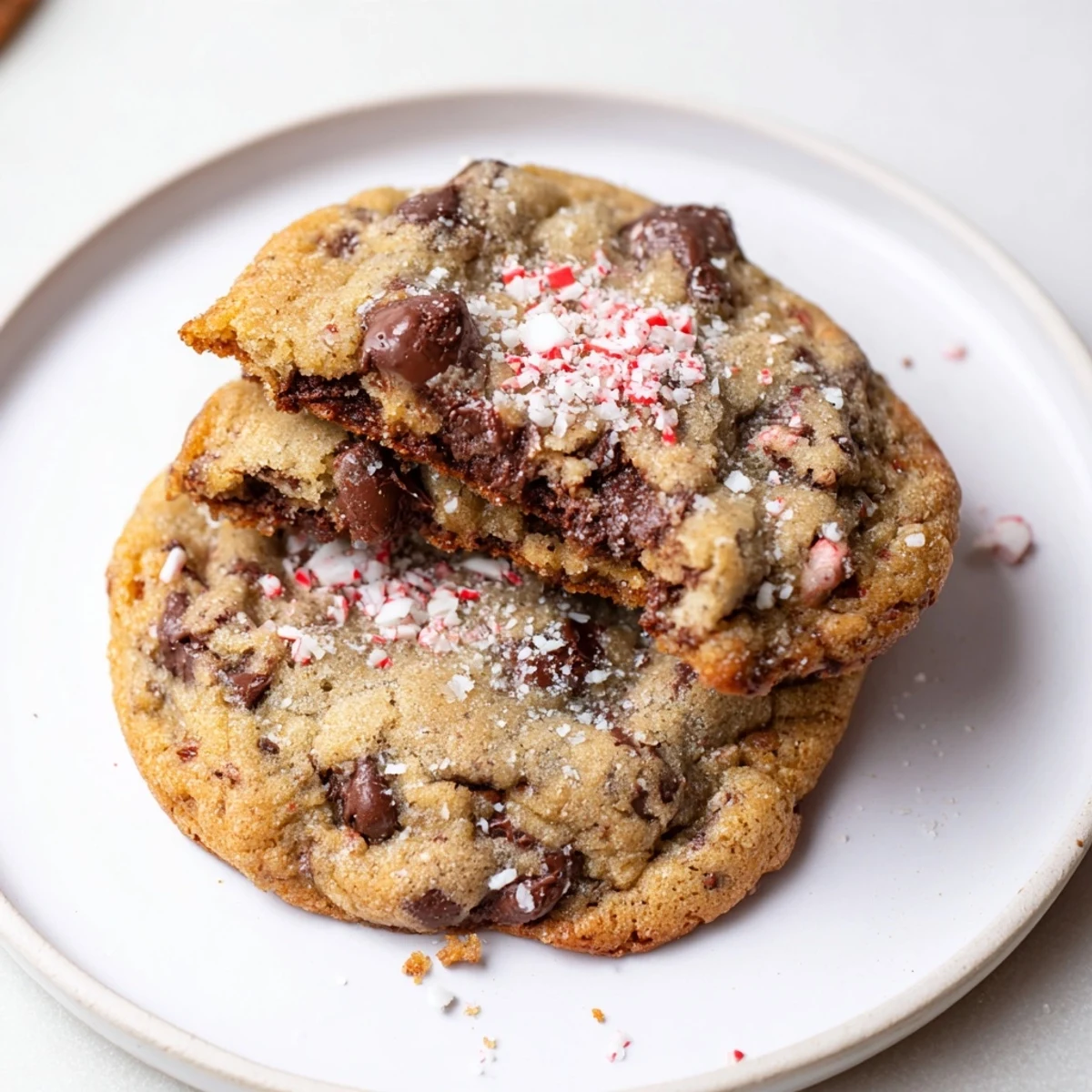 Fresh baked Peppermint Chocolate Chip Cookies with crushed candy cane garnish, festive aroma
