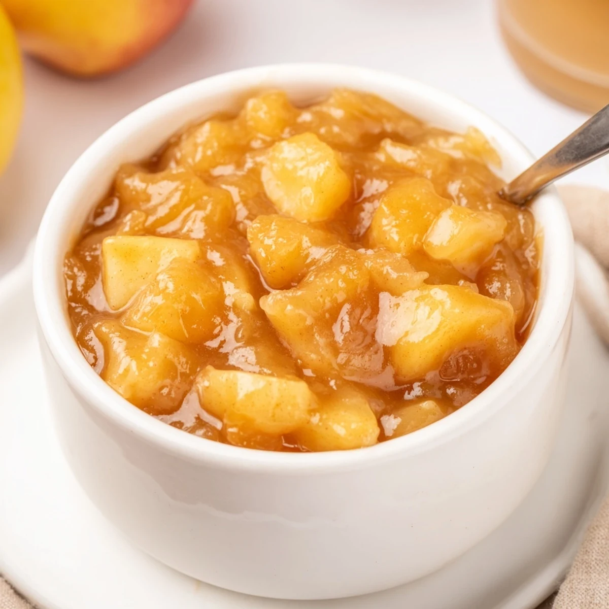 Fall Caramel Apple Jam glistening golden, chunky apples and warm cinnamon aroma