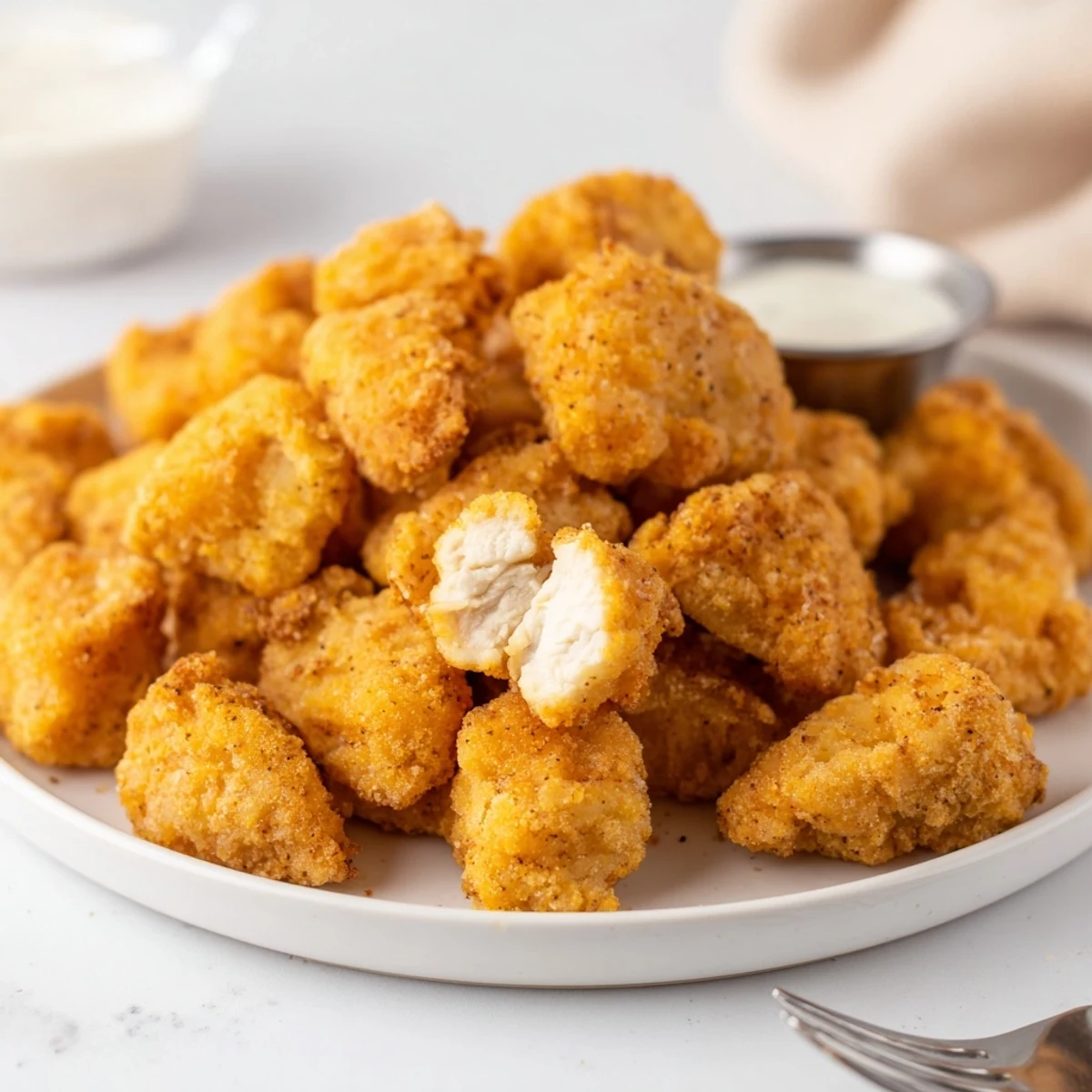 Crispy golden Chicken Bites steaming on a plate, served with ranch.
