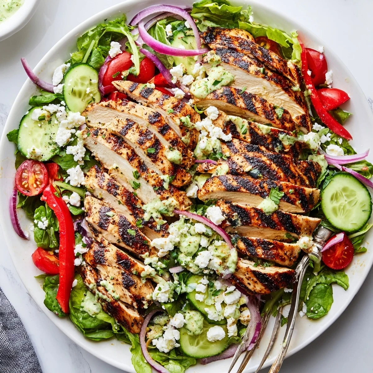 Grilled Chicken Salad Avocado Herb Dressing Recipe with charred chicken, creamy green dressing