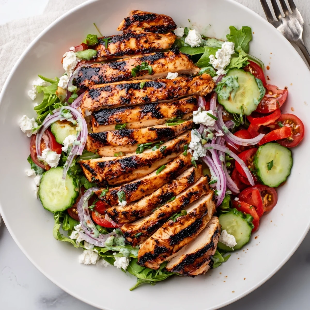 Bowl of Grilled Chicken Salad Avocado Herb Dressing Recipe, tangy lime drizzle