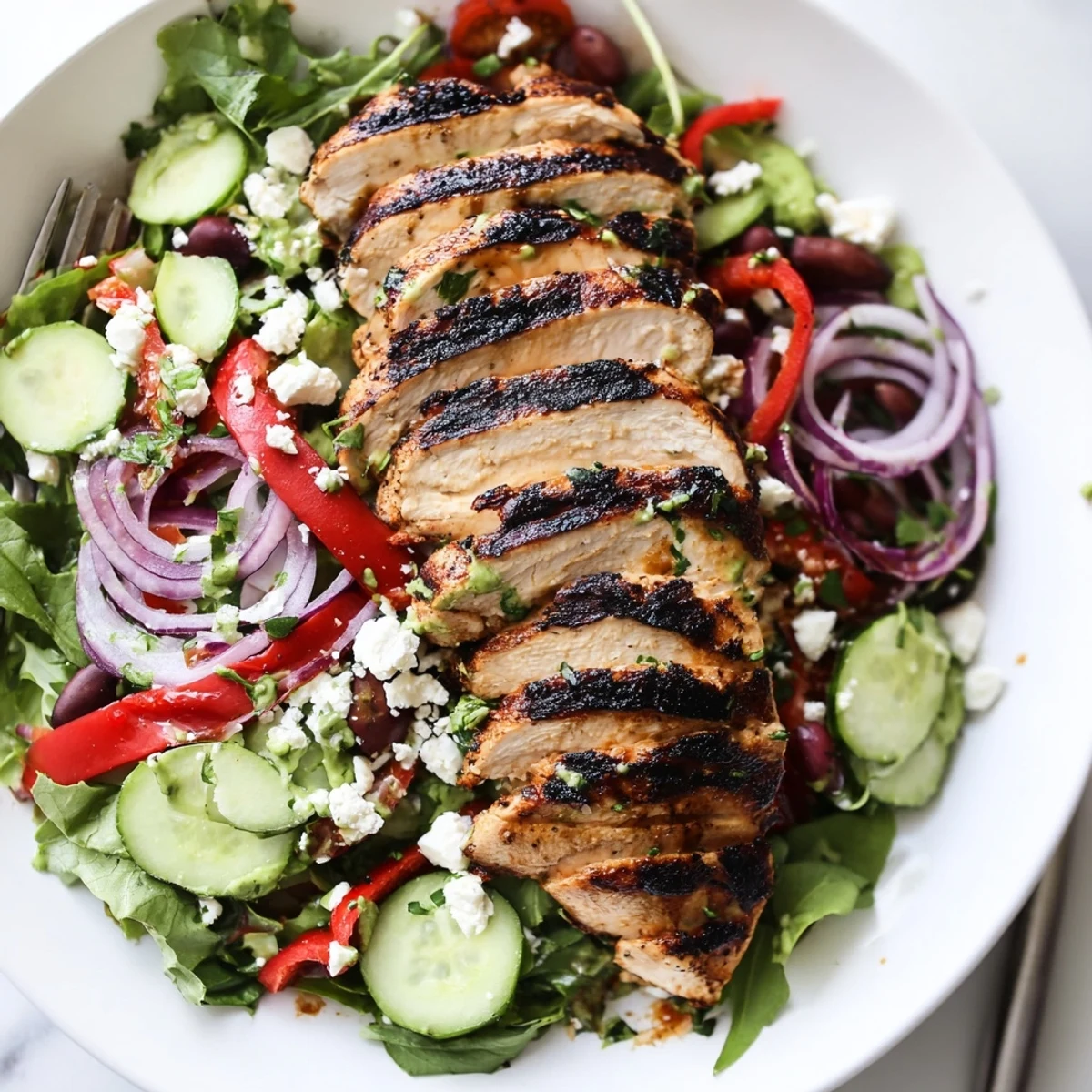 Sliced, rested Grilled Chicken Salad Avocado Herb Dressing Recipe served for lunch