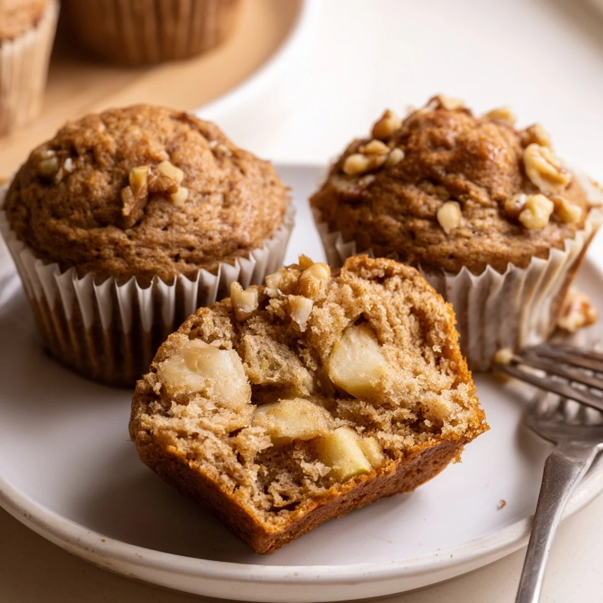Healthy Apple Cinnamon Greek Yogurt Muffins steaming on wire rack, apple chunks visible